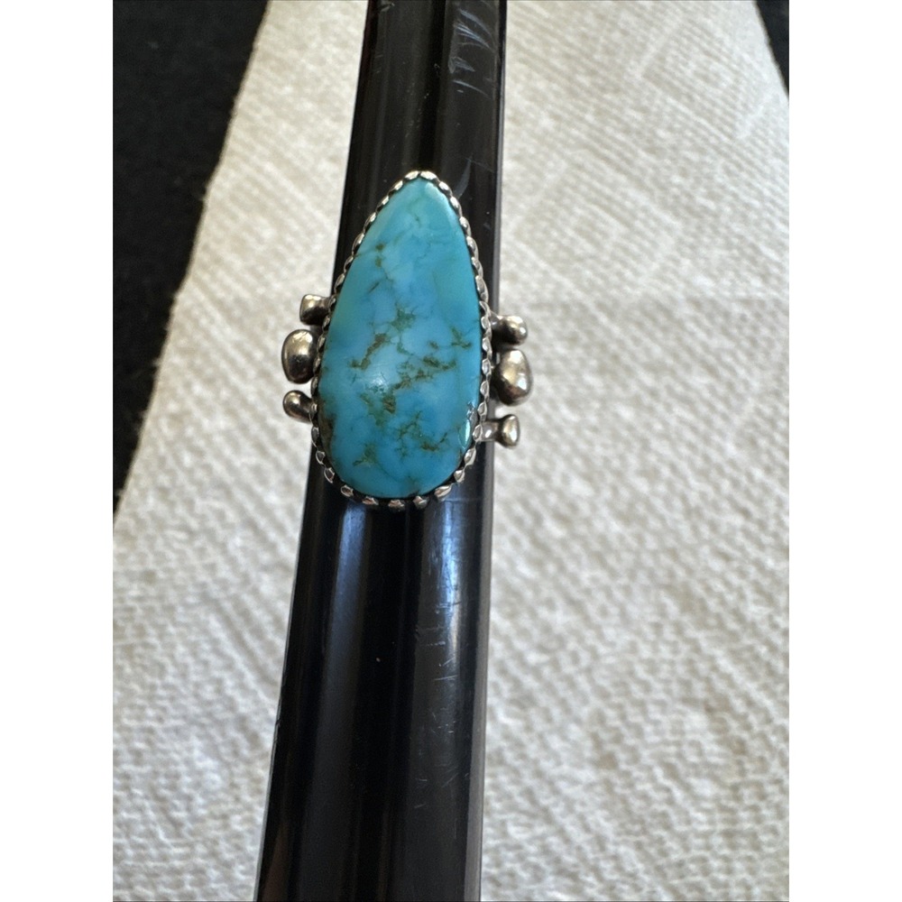 Vintage Navajo Lee Thompson Signed Sterling Silver Teardrop Turquoise Ring Sz 6